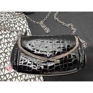 Brighton Black Croc-Embossed Mini Crossbody Purse With Chain Strap & Heart Detai